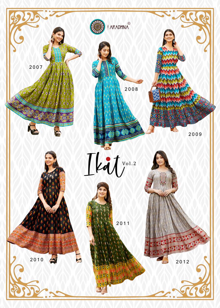 Aradhna Ikat 2 Heavy Rayon Designer Printed  Anarkali Long Kurti Collection